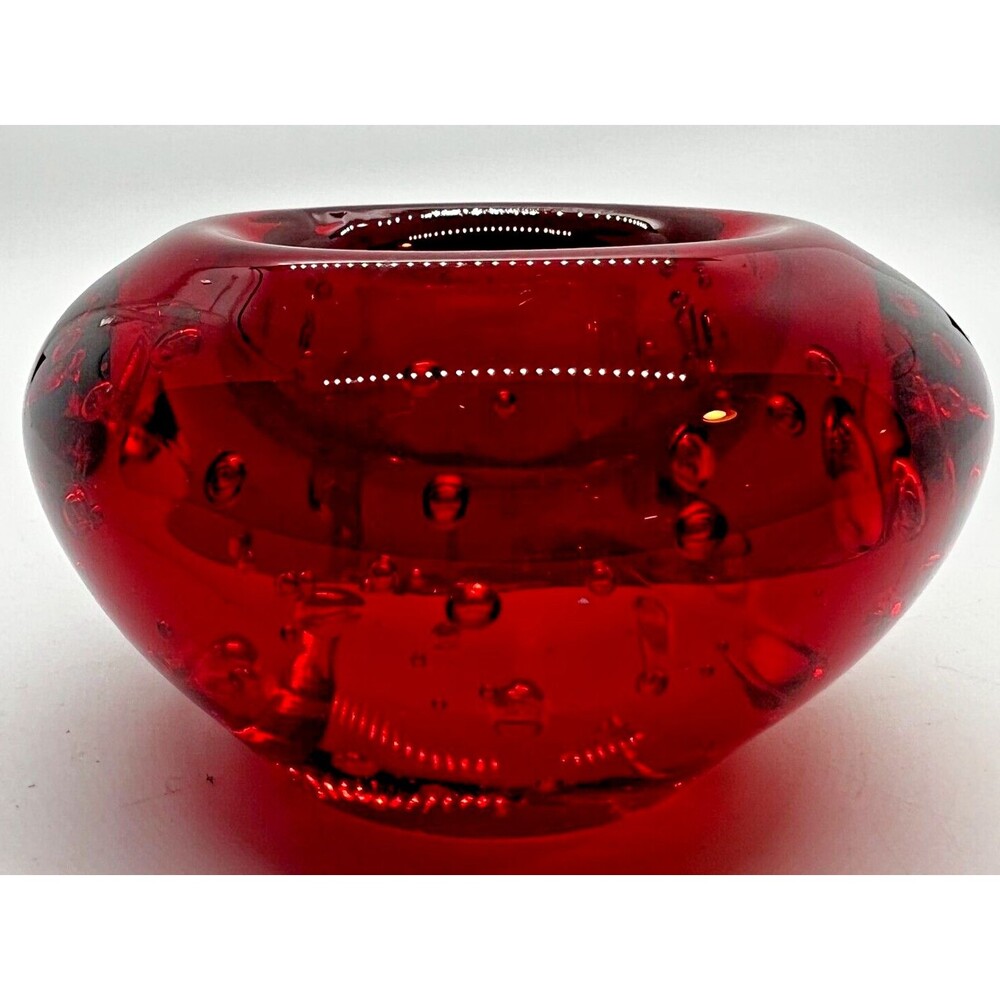 Ruby Red Art Glass Votive Candle Holder Sanded Base 3.5 Inches heavy bubble